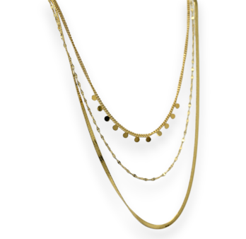 Golden steel multi-strand necklace with 3 different chains