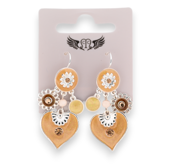Silver fantasy earrings with heart and beige charms