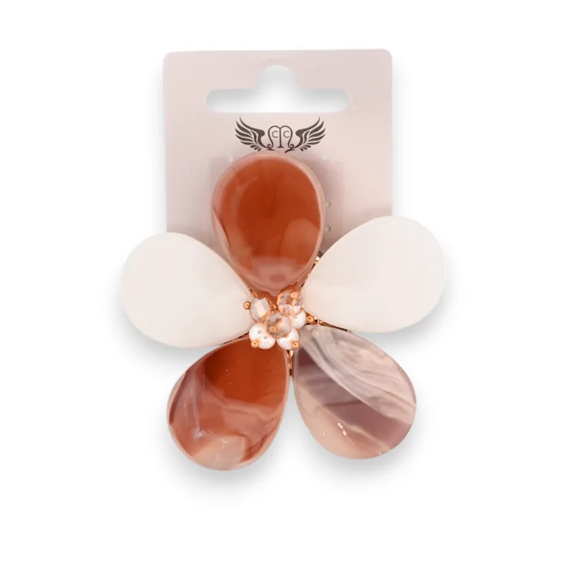 Broche épingle fantaisie fleur nuances beige patinée résine