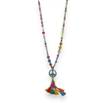 Collana lunga multicolore con medaglione peace and love