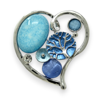 Broche aimantée argentée coeur pierre bleu
