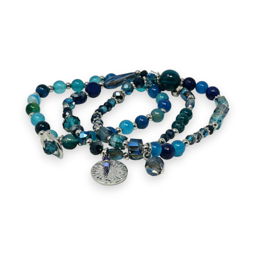 Bracelet 3 pièces perles nuances bleu foncé