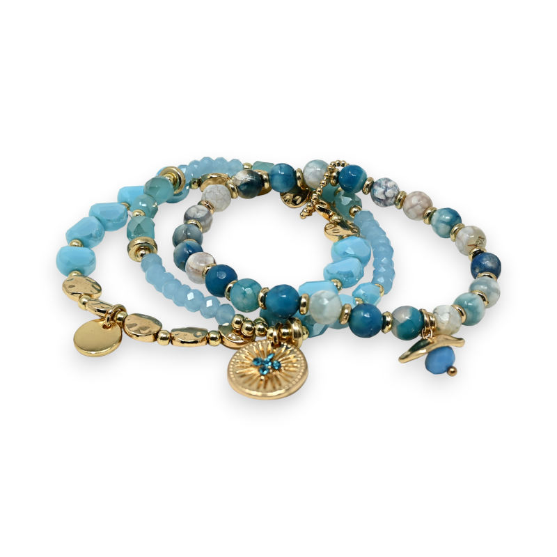 Bracelet 3 pièces perles nuances turquoise