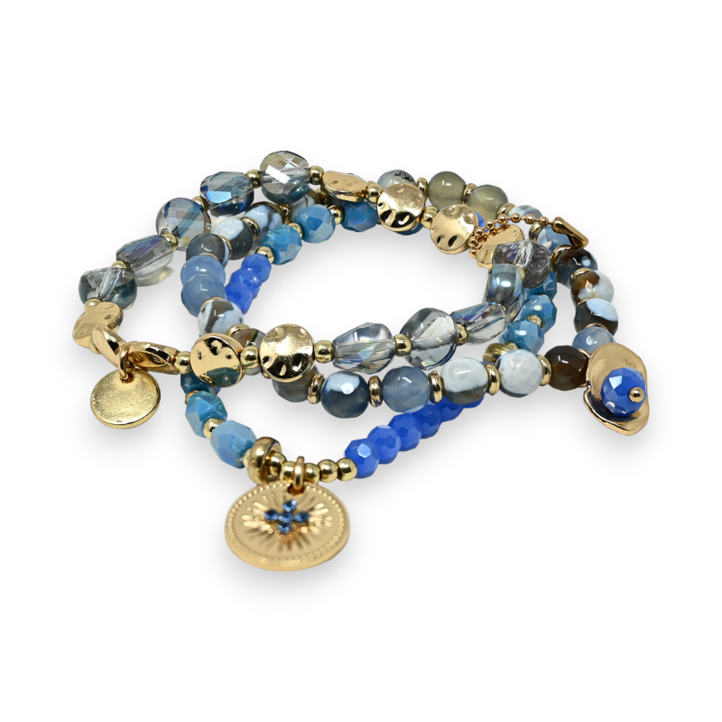 Bracelet 3 pièces perles nuances bleu et gris