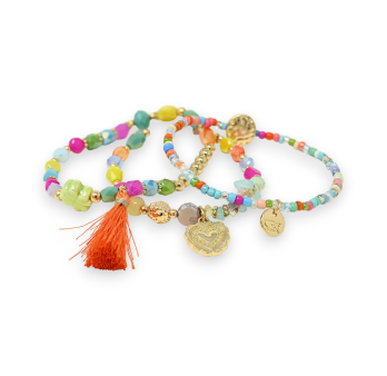 3-piece bracelet with multicolored beads and orange tassel