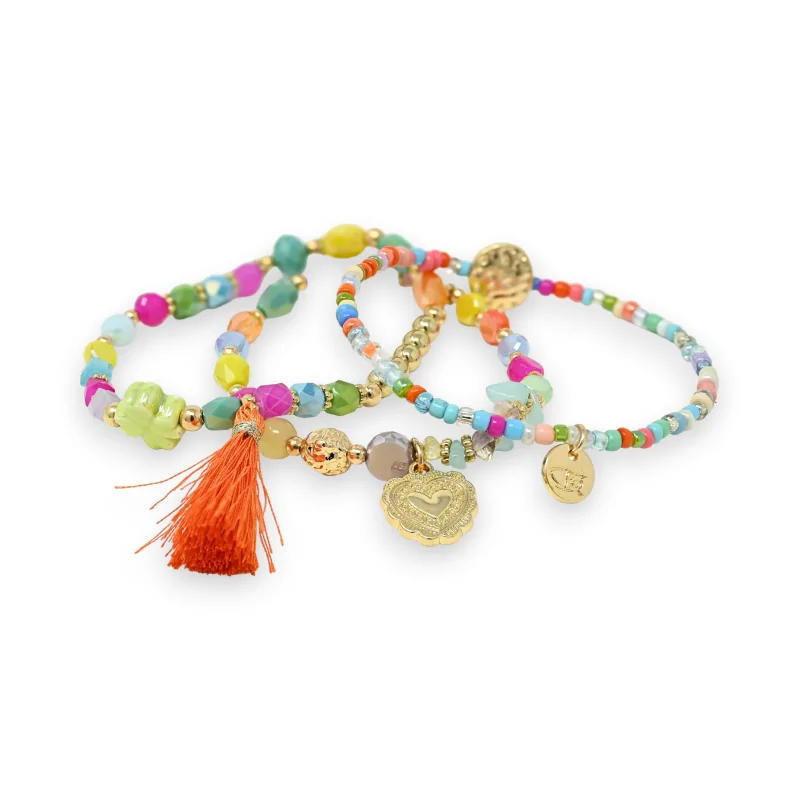 Pulsera de 3 piezas con perlas multicolores y borla naranja