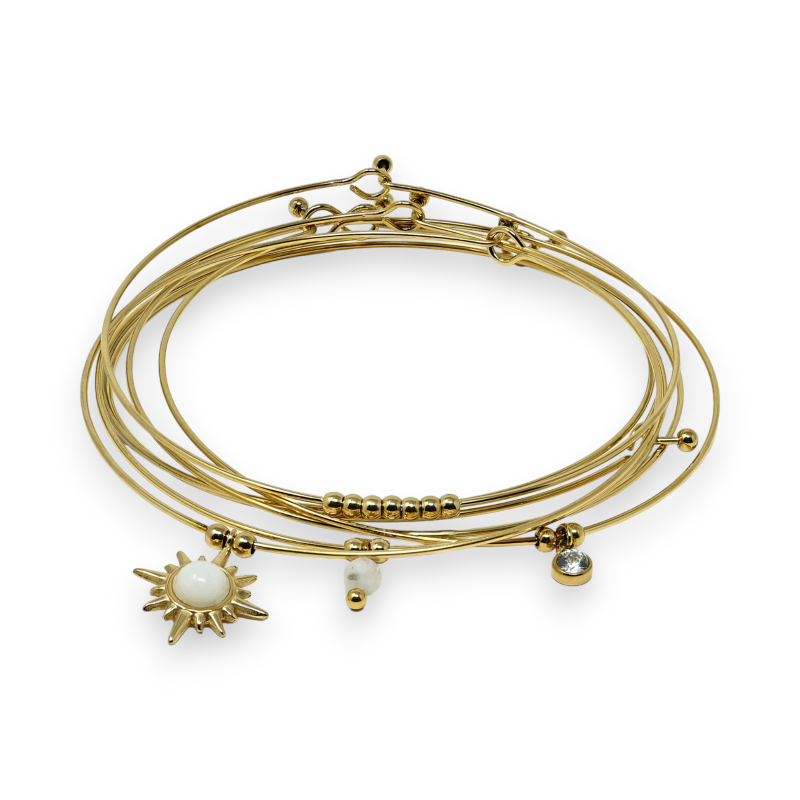 Bracelet jonc acier doré 7 bracelets pierre Jade Blanc