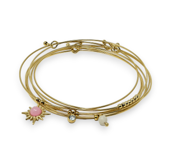 Bracciale rigido in acciaio dorato con 7 braccialetti in pietra di quarzo rosa