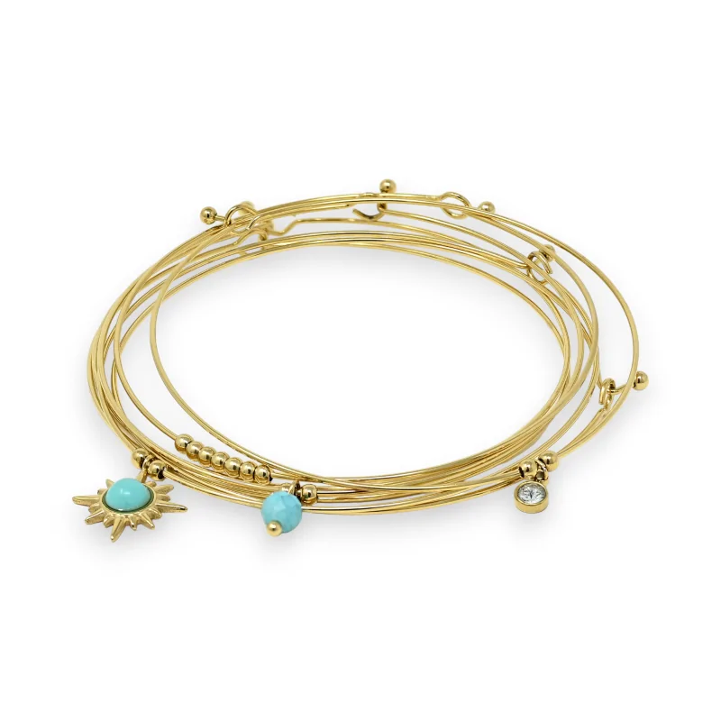 Set of 7 gold bangle bracelets with turquoise