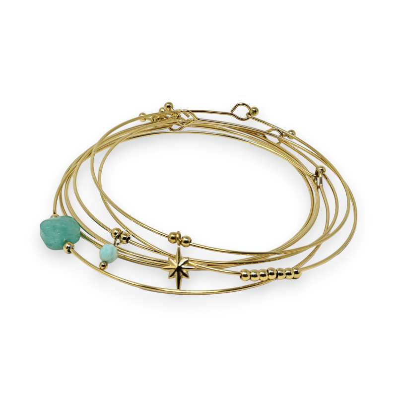 Bracelet jonc acier doré 7 bracelets pierre carrée Amazonite