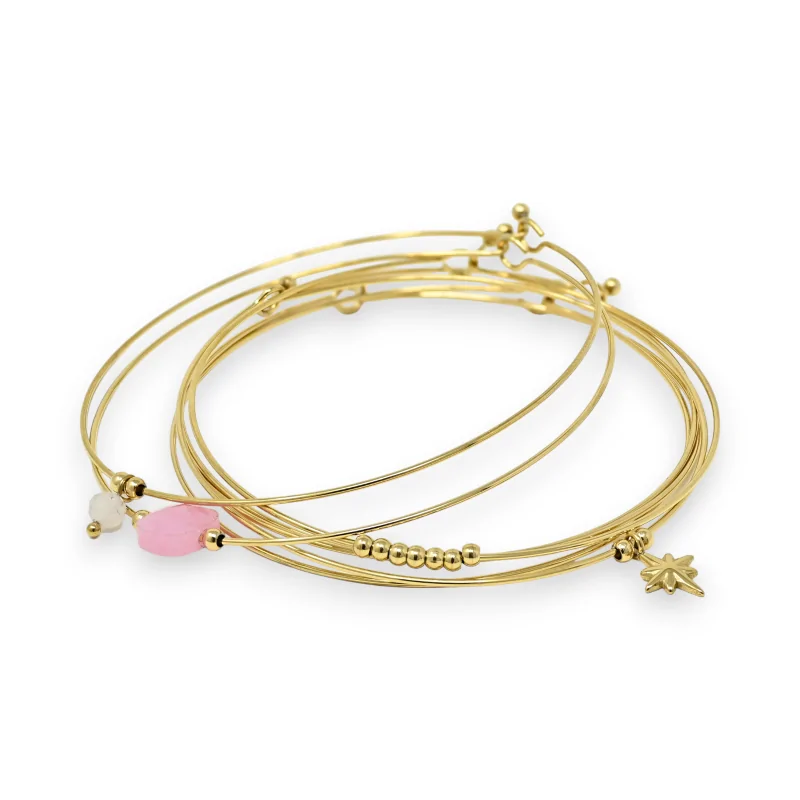 Brazalete de acero dorado con 7 brazaletes de piedra cuadrada Cuarzo Rosa