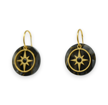 Goldfarbene Stahl-Ohrringe mit runden schwarzen Anhängern und goldener Stern