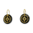 Goldfarbene Stahl-Ohrringe mit runden schwarzen Anhängern und goldener Stern