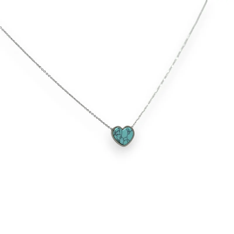 Collier acier argenté petit coeur pierre turqouise