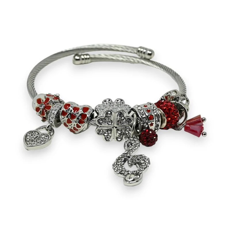 Silver and red rigid charms bracelet with treble clef