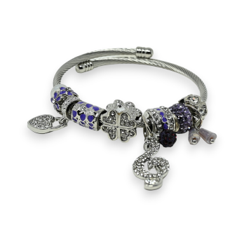 Silver and lilac rigid charm bracelet with treble clef