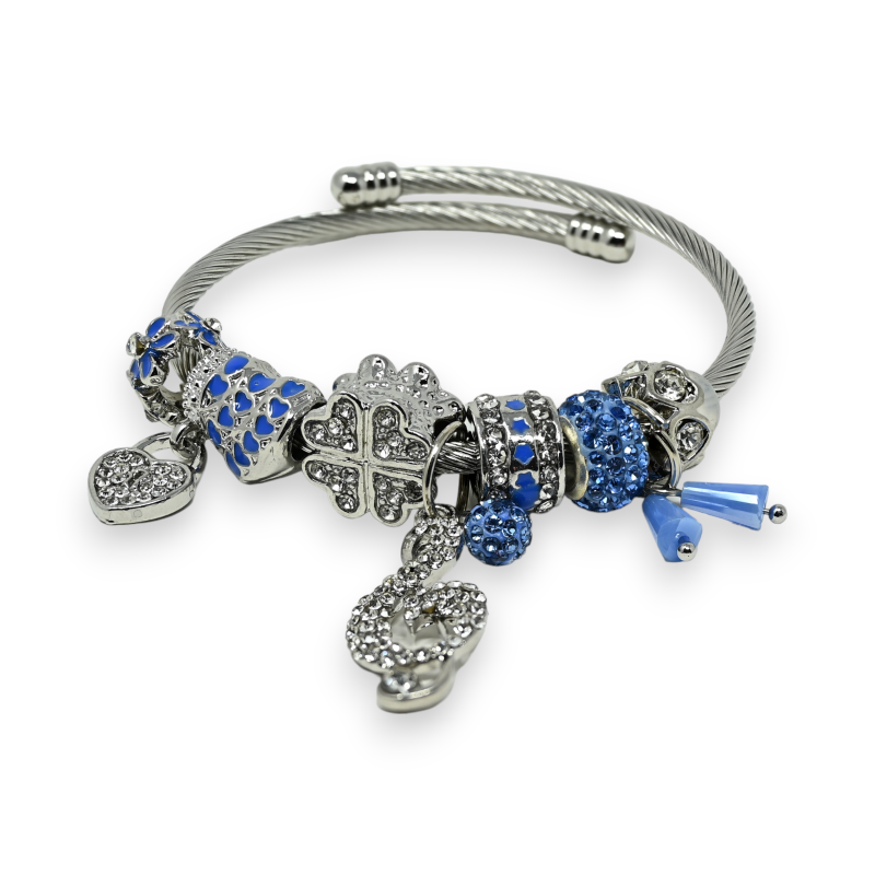 Bracciale rigido con ciondoli blu e argento chiave di sol