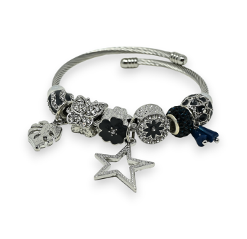 Rigid silver and navy blue star charms bracelet with rhinestones