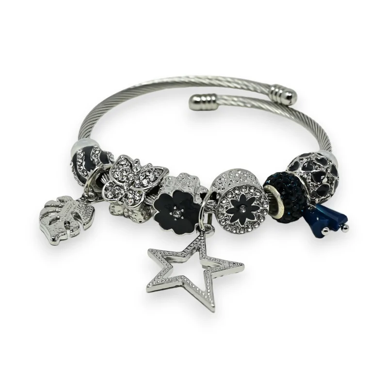 Starres Silber- und Marineblau-Charm-Armband mit Strassstern