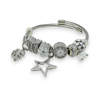 Bracelet charms rigide argenté et blanc étoile strass