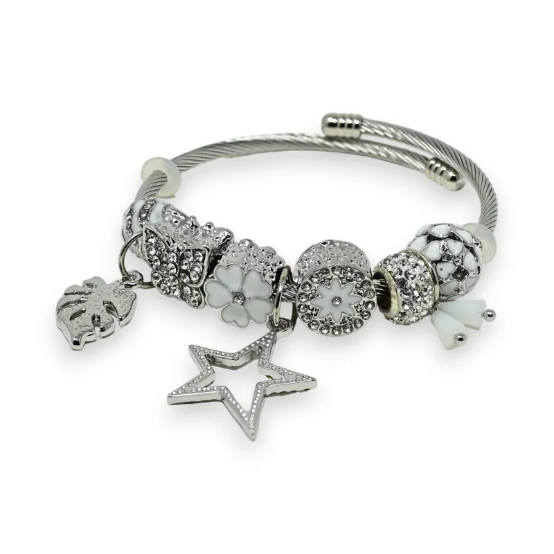 Pulsera rígida de dijes plateada y blanca con estrella de strass