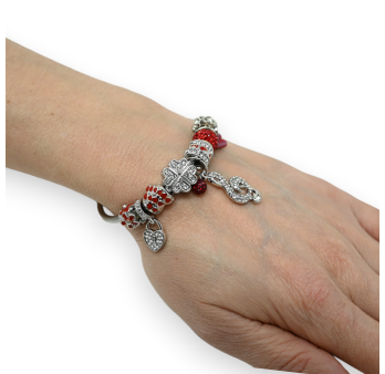 Silver and red rigid charms bracelet with treble clef
