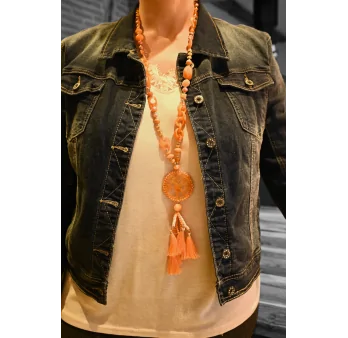 Collier sautoir orange médaillon arbre de vie