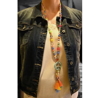 Collier sautoir multicolore médaillon peace and love