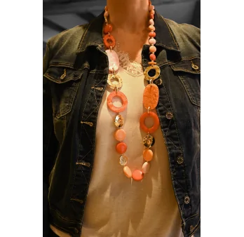 Collier sautoir vintage ronds nuances rouge orange