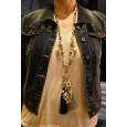 Long necklace fantasy gray and black with gold medallion and charms