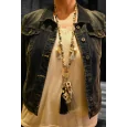 Long necklace fantasy gray and black with gold medallion and charms