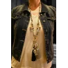 Long necklace fantasy gray and black with gold medallion and charms