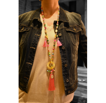 Multicolor fantasy pendant necklace with round medallion and tassel