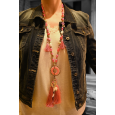 Fuchsia fancy pendant necklace with round medallion, tassel and charms