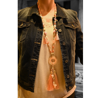 Long necklace fantasy shades of pink round medallion tassels and charms
