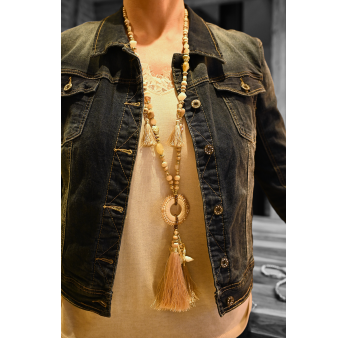 Long necklace fantasy shades of beige round medallion tassels and charms