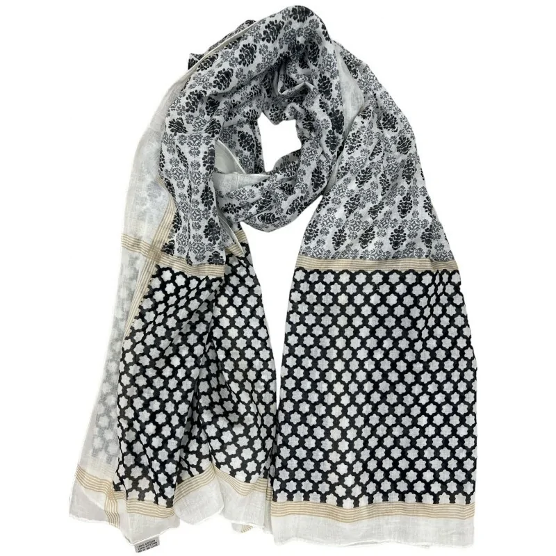 Foulard motifs fleurs gris et noir