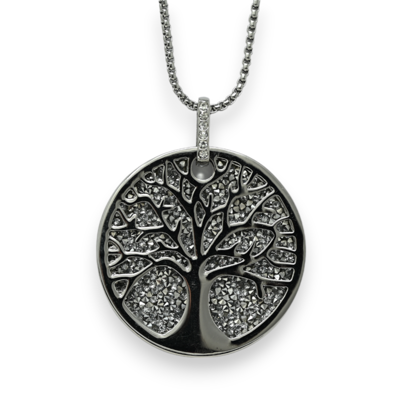 Fancy Long Silver Tree of Life Necklace with Sparkle