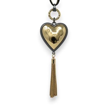 Collier fantaisie long doré coeur relief pompon métallisé