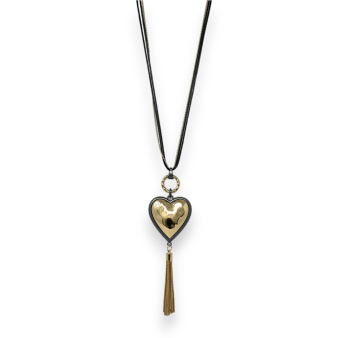 Fancy long gold necklace with relief heart and metallic tassel