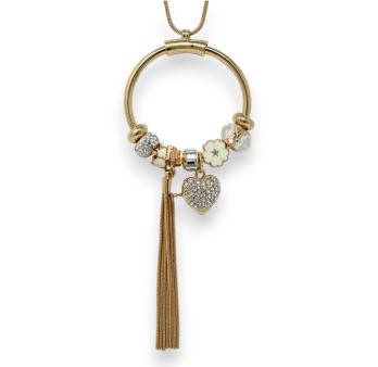Fancy long golden necklace with white charms