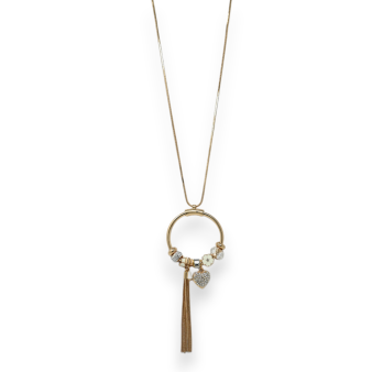 Fancy long golden necklace with white charms