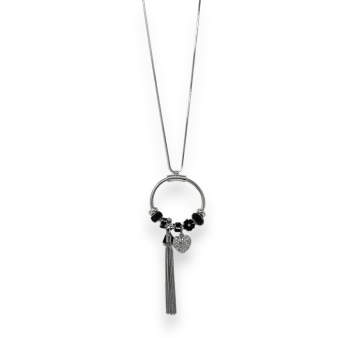 Fancy silver long necklace with black circle charms