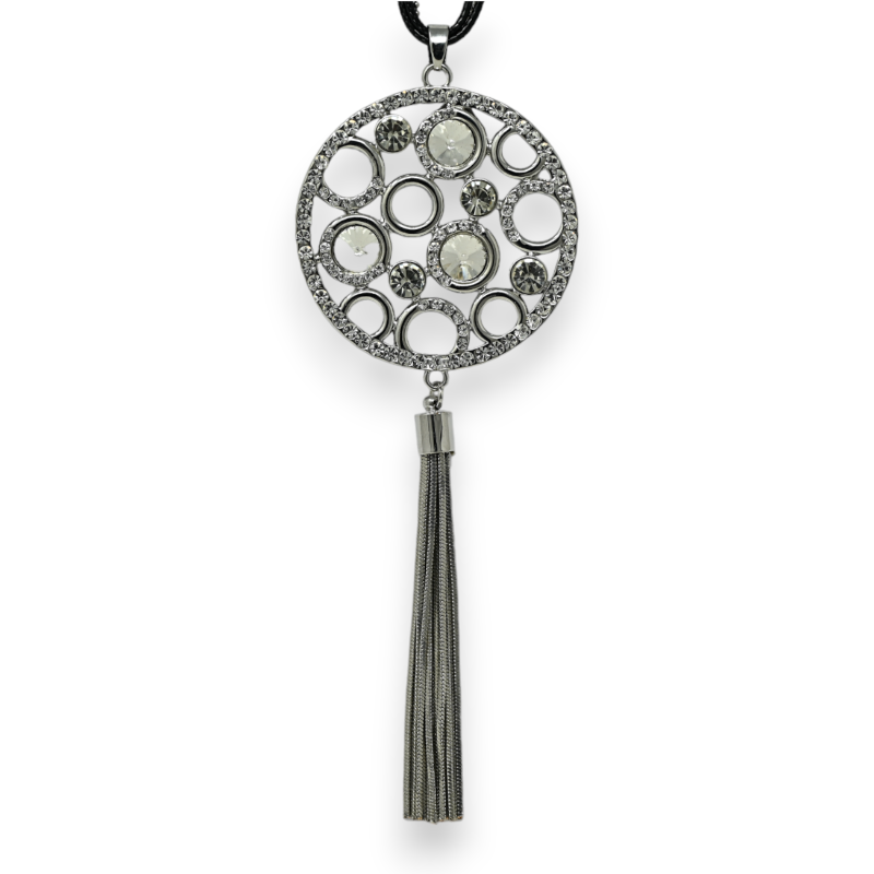 Fancy silver long necklace with a bubble of rhinestones and tassel