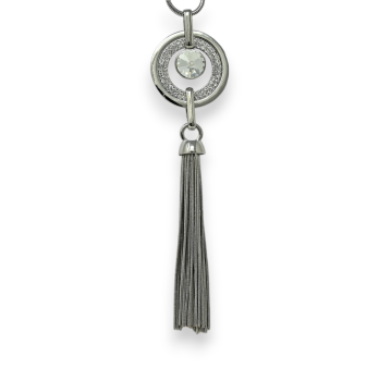 Fancy silver long necklace with rhinestone medallion and tassel fringe