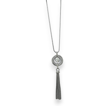 Fancy silver long necklace with rhinestone medallion and tassel fringe