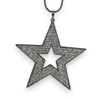 Collier fantaisie long argenté gris grosse étoile strass