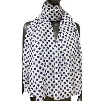 White scarf navy blue dots