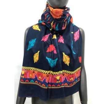 Navy blue scarf with multicolored feather print