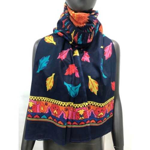 Navy blue scarf with multicolored feather print